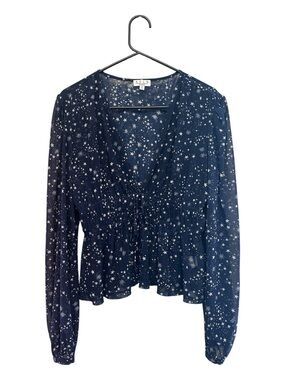 AVLN Studio Sheer Navy Celestial Star Print Peplum Blouse Size Medium